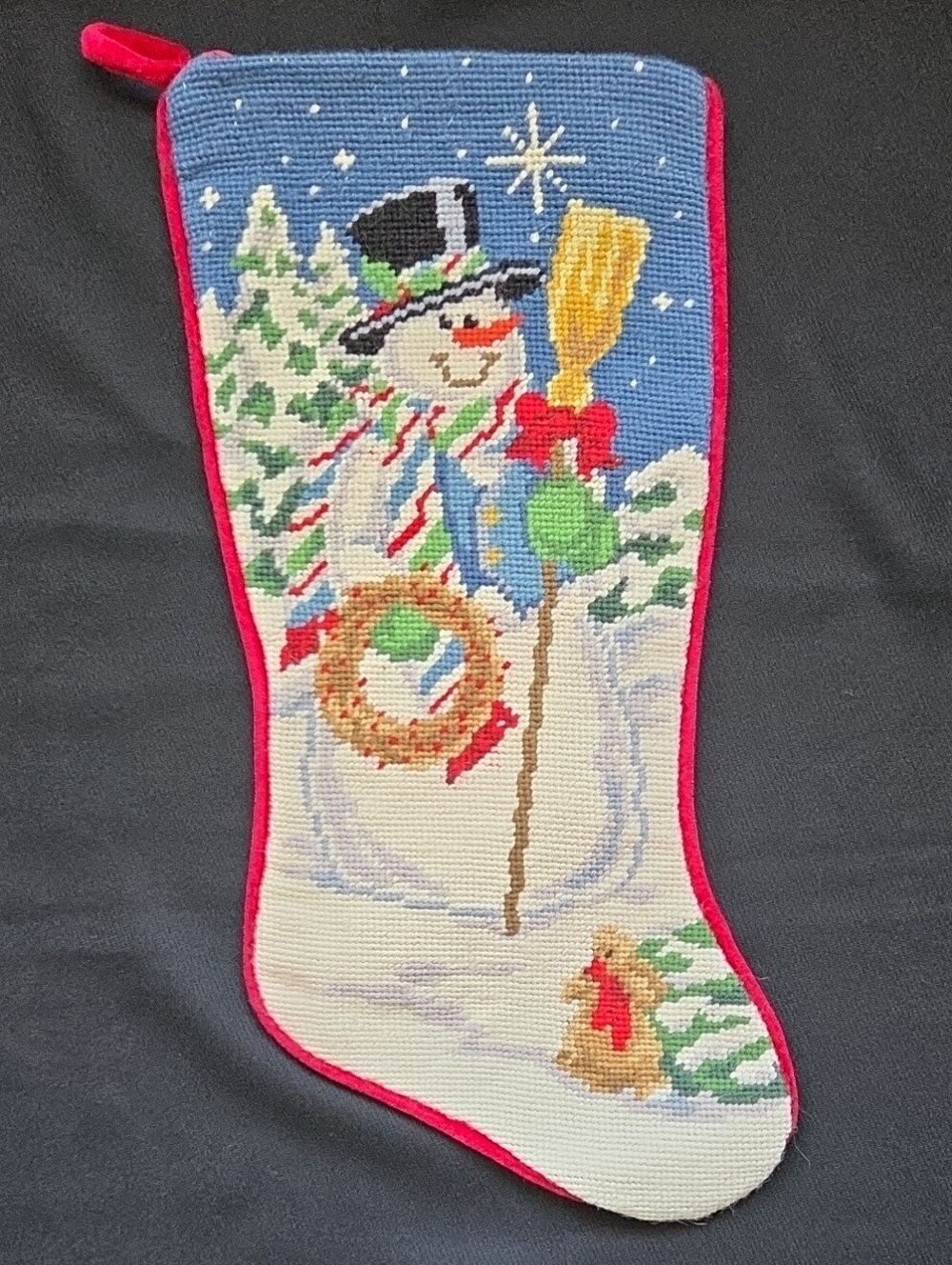 Holiday Snowman Needlepoint Stocking in Blue and White